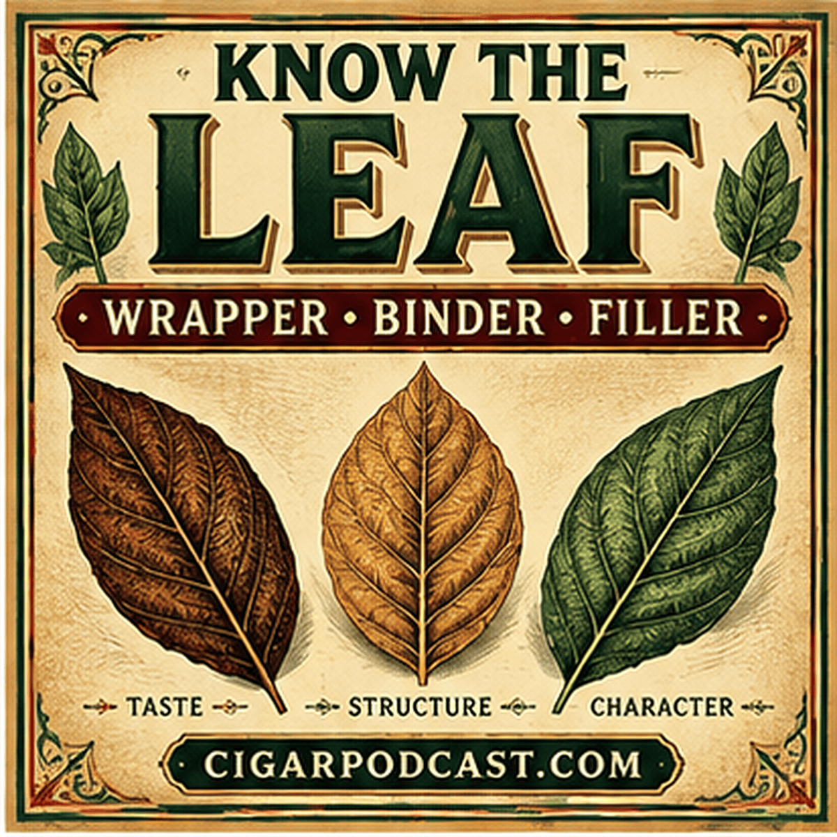 Know the leaf: wrapper, binder, and filler illustrated with three tobacco leaves.