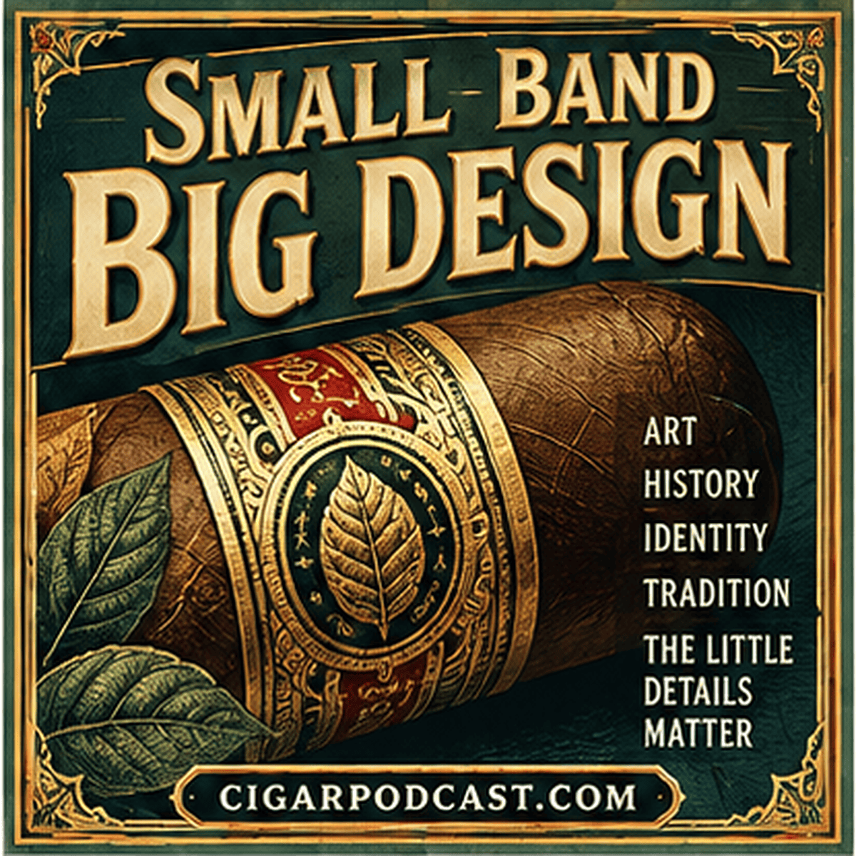 Small band, big design: an ornate illustrated cigar band in a vintage poster frame.