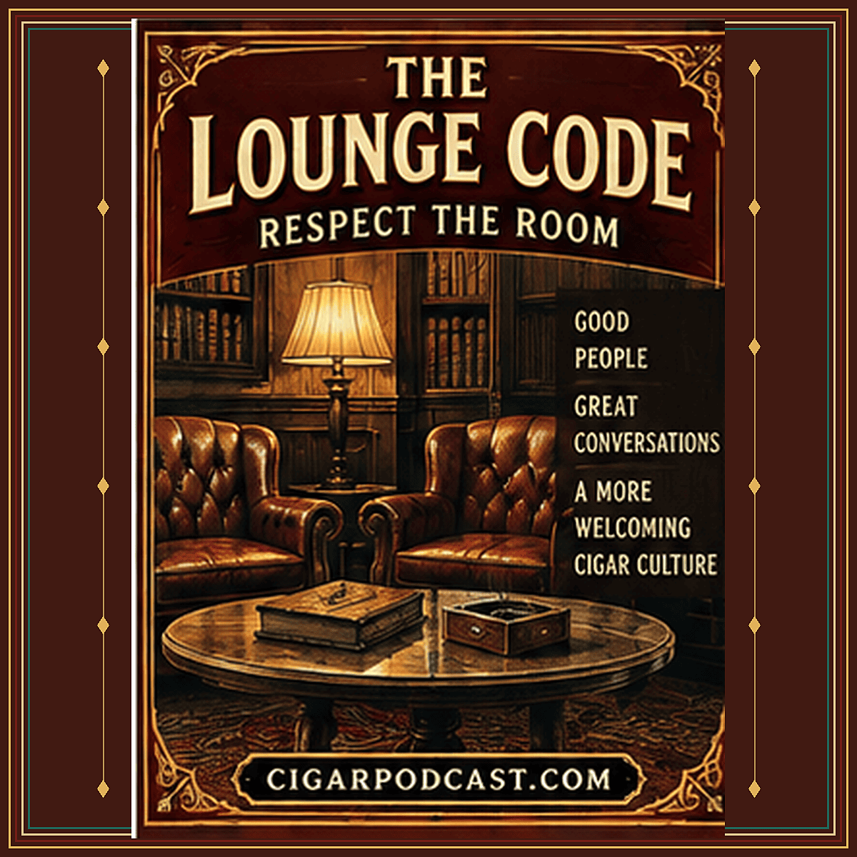 The lounge code: respect the room, with retro armchairs, a lamp, and typographic framing.