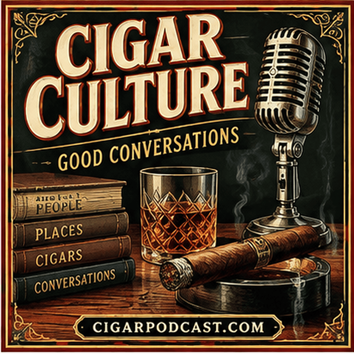 Cigar culture and good conversations: retro microphone, books, and cigar typography.