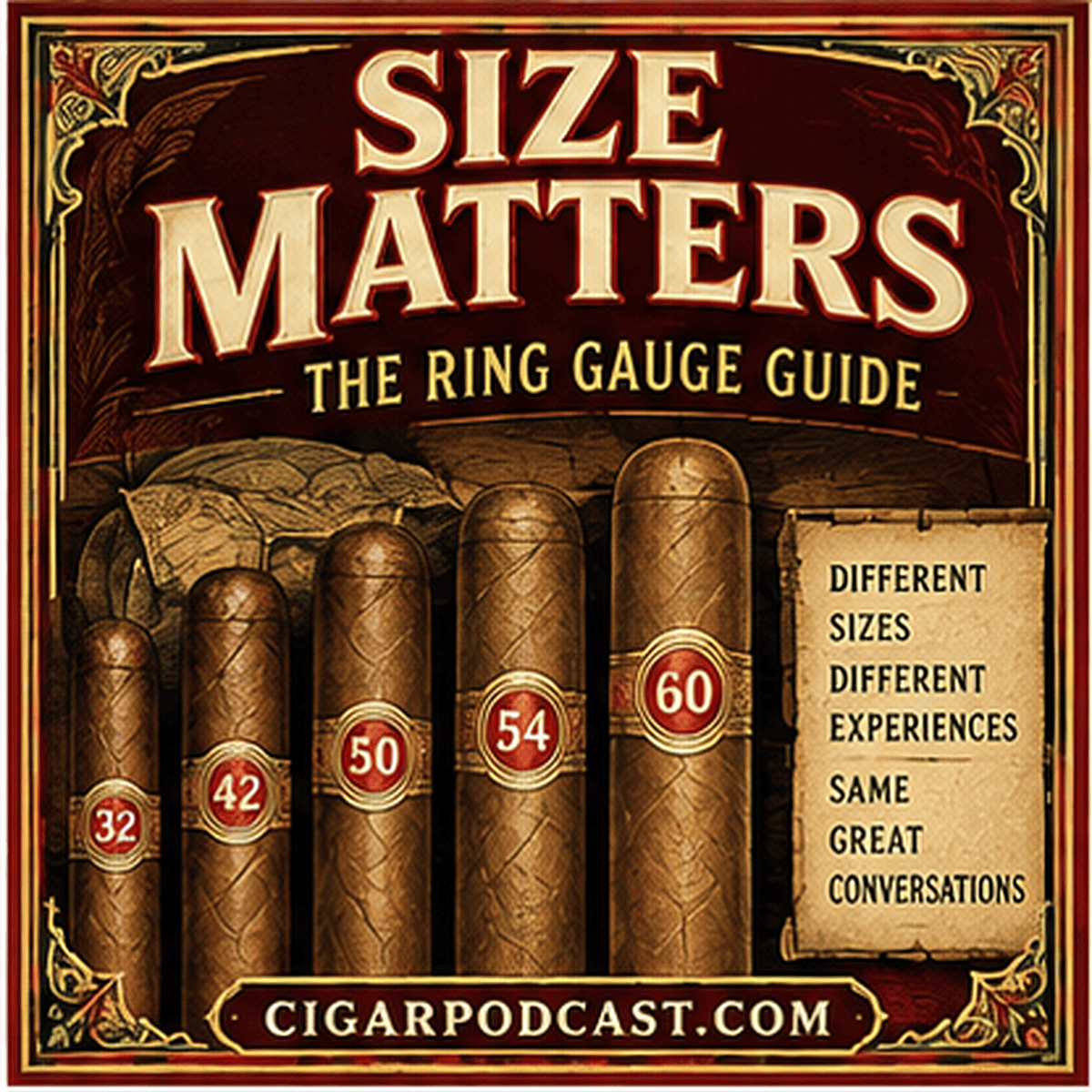 Size matters: a retro typographic ring gauge guide with illustrated cigar sizes.