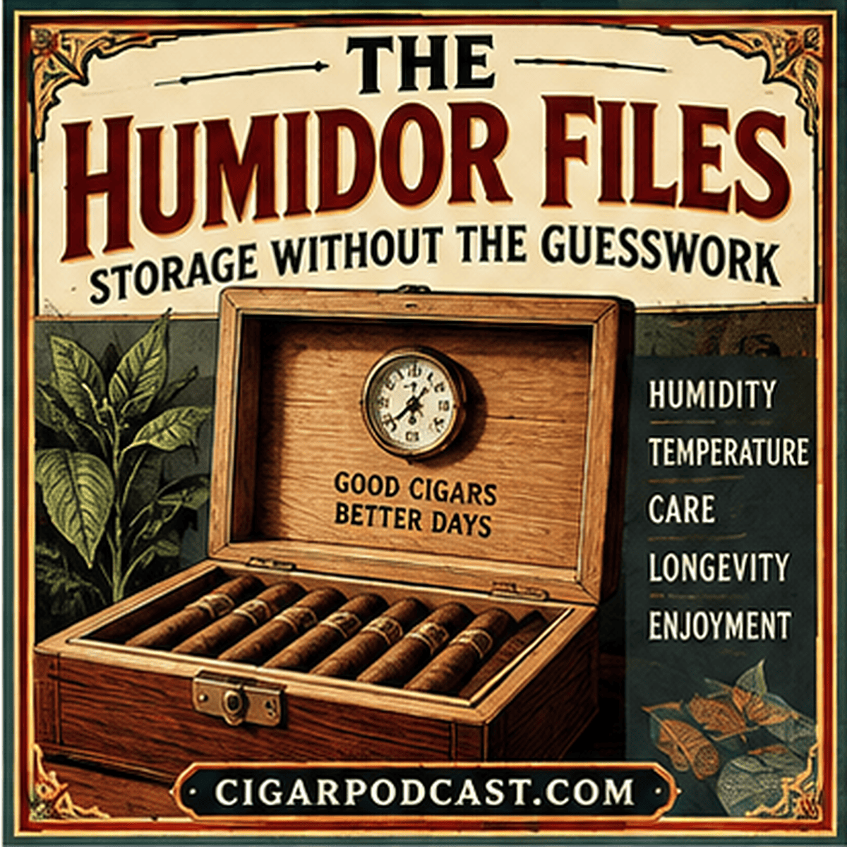 The humidor files: vintage wooden storage box and humidity gauge illustration.