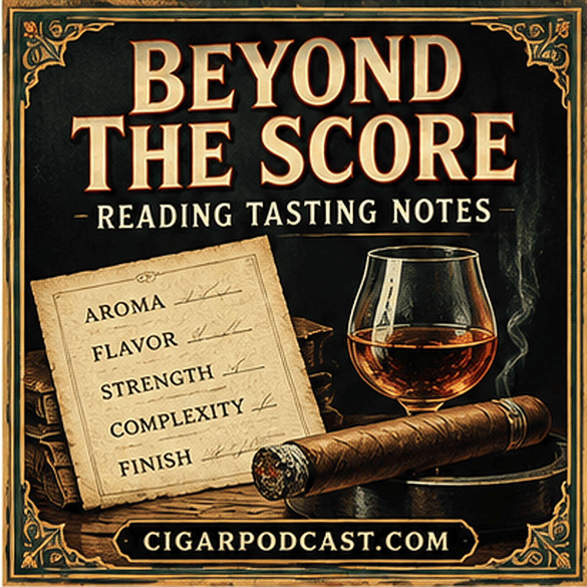 Beyond the score: retro tasting notebook, cigar, and engraved typography.
