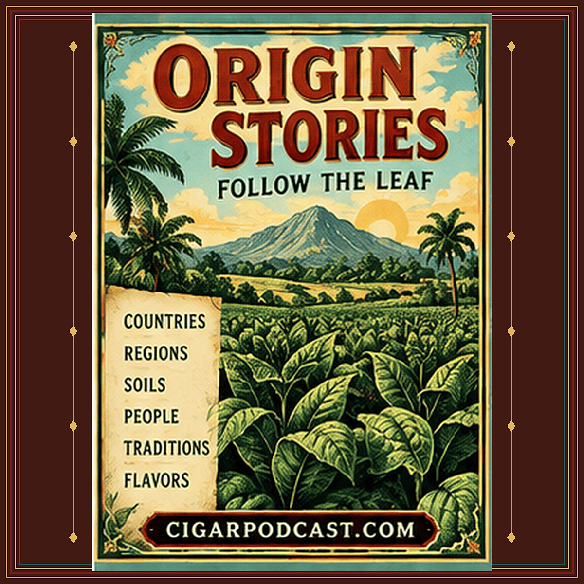 Origin stories: follow the leaf, with a vintage illustrated agricultural landscape.